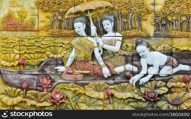 Thai culture stone carving on temple wall