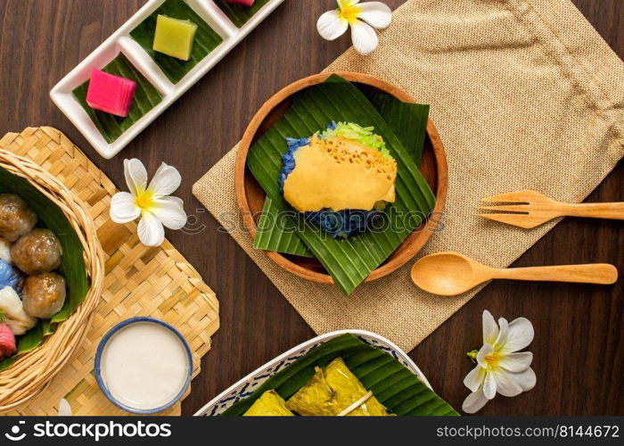 Thai dessert concept, Various thai desserts made from glutinous rice sago and sweet pork fillings.