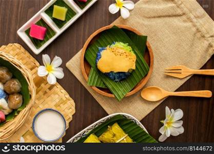 Thai dessert concept, Various thai desserts made from glutinous rice sago and sweet pork fillings.