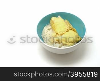thai dessert, durian sticky rice with coconut milk sauce isolated on white background