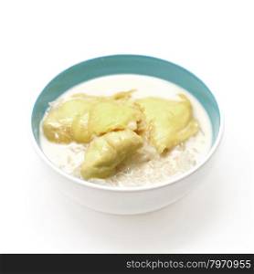 thai dessert, durian sticky rice with coconut milk sauce isolated on white background