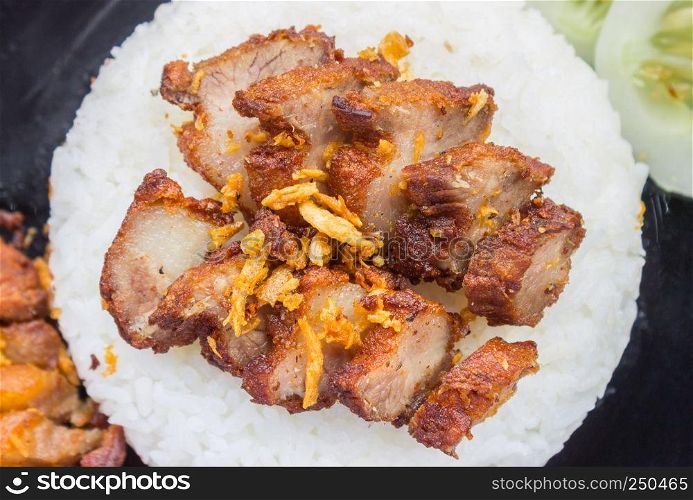 Thai Food Fried Pork with Garlic and Cucumber in Black Dish Top view Zoom. Fried pork with garlic or steak on rice and cucumber in food and drink category flatray or top table view zoom
