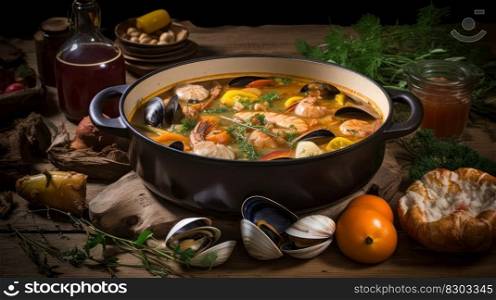 thai food hot pot sea soup with mussels and shrimps generative ai.
