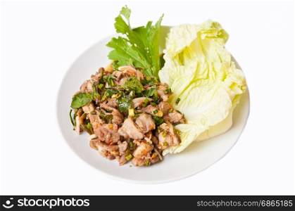 Thai food NAM TOK MOO pork with spicy ingredient on white background