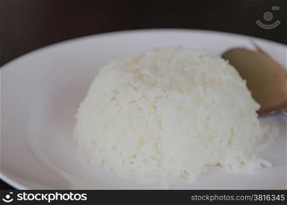 Thai jasmine cooked rice on white plate. steamed rice