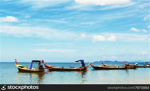 Thai Long Boats. traditional thai long boats on beach in Thailand