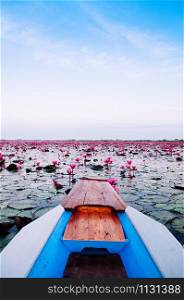 Thai long tail boat bow travel in peaceful Nong Harn full bloom red lotus lake, Udonthani - Thailand. Wooden boat in red water lilies lotus sea.
