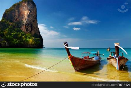 Thai longtail boat in turquoise water. Krabi. Thailand