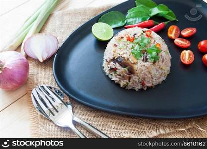 Thai mackerel fried rice with herbs. Traditional spicy fried rice. Close up
