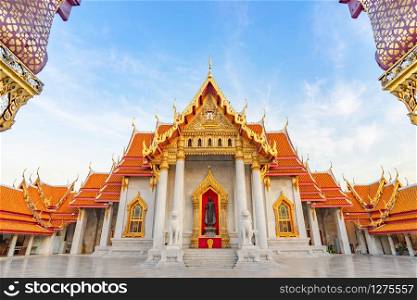 Thai Marble Temple (Wat Benchamabophit Dusitvanaram) with copy space in Bangkok, Thailand