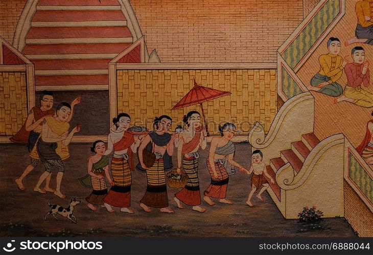 Thai mural painting of Lanna people life in the past on temple wall in Chiang Rai, Thailand