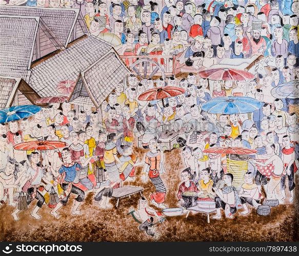 Thai mural painting of Lanna people life in the past on temple wall in Chiang Mai, Thailand.