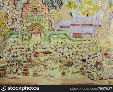 Thai mural painting of Lanna people life in the past on temple wall of Wat Chaimongkol Temple in Chiang Mai, Thailand