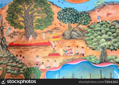 Thai mural painting of Thai Lanna life in the past on temple wall in Chiang Mai, Thailand