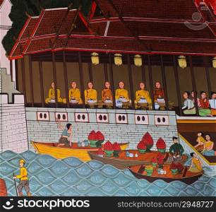 Thai painting of Thai culture of food offering to monk
