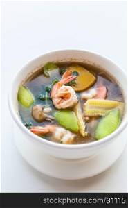 Thai Spicy Mixed Vegetable Soup with Prawns, on white background
