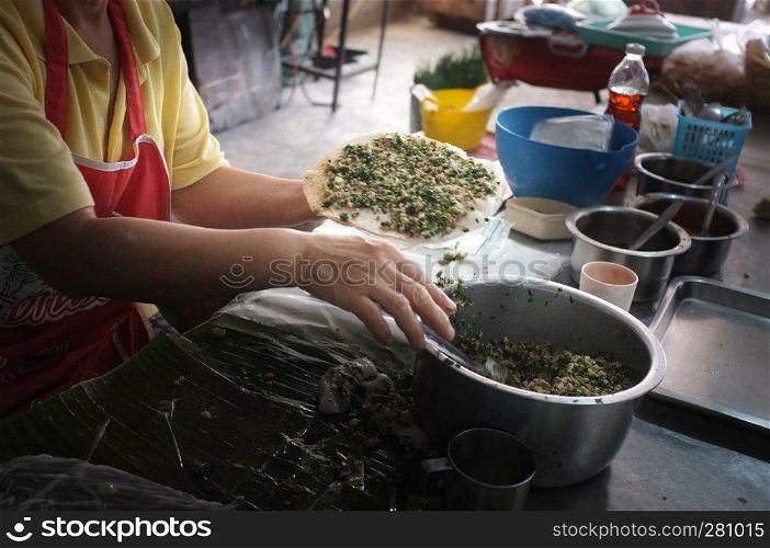 Thai steamed rice-skin dumplings or Khao Kriap Pak Maw, Thai street food at Sakon Nakhon Thailand .