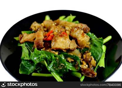 Thai stir fried chinese kale with crispy pork