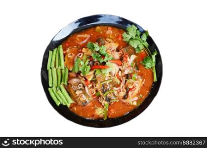 Thai street foos call spicy Sardine Salad on white background