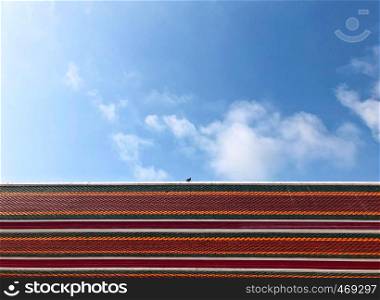 Thai temple colourful tile roof and blue summer sky with clouds. Pigeon bird standing on roof edge
