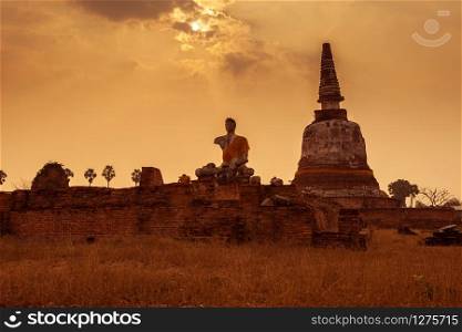 Thai temple sunset, the historical temple in Ayutthaya, Thailand