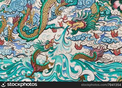 THAILAND - NOV 16: Abstract of dragon colorful painted on wall in temple on Nov 16, 2014 in Bangkok, Thailand. Dragon represents of prosperity and power