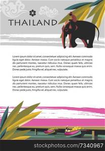 Thailand. The rider on the elephant. Fruit traders on boats. Vector illustration. Template for travel website, travel guide.. Thailand. The rider on the elephant. Vector illustration. Template for travel website, travel guide.