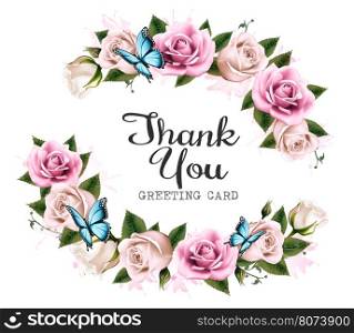 Thank You background with beautiful roses and butterflies. Vector.