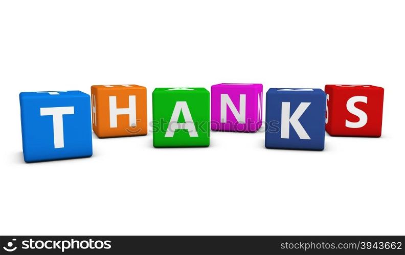 Thank you concept with thanks word and sign on colorful cubes on white background.