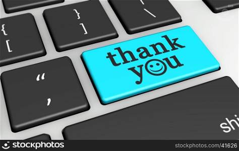 Thank you sign and word with happy emoticon symbol on a cyan computer key 3D illustration.