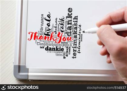 Thank You word cloud in different languages with marker and whiteboard