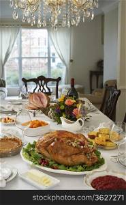 Thanksgivig dinner on table in elegant home