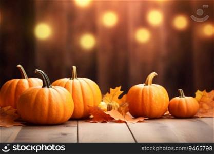 Thanksgiving background. Pumpkin and dry leaves on rustic wooden table with light bokeh background. Autumn and fall background. Holiday autumn festival. Thanksgiving and harvest concept. Generative AI