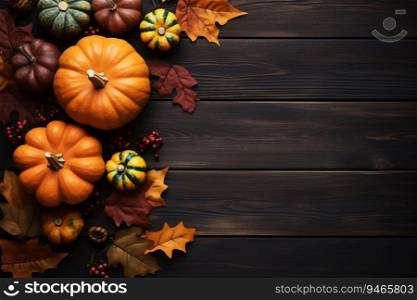 Thanksgiving background. Top view black wood table decor from pumpkin, red berry, dry leaves with copy space. Autumn and fall season background. Thanksgiving day or Halloween concept. Generative AI.