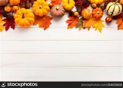 Thanksgiving background. Top view white wood table decor from pumpkin, red berry, dry leaves with copy space. Autumn and fall season background. Thanksgiving day or Halloween concept. Generative AI.