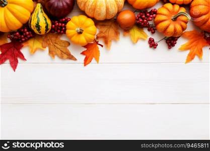 Thanksgiving background. Top view white wood table decor from pumpkin, red berry, dry leaves with copy space. Autumn and fall season background. Thanksgiving day or Halloween concept. Generative AI.
