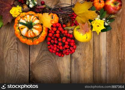 Thanksgiving background with pumpkins, rowan berries, maple leaves and yellow roses wreath, copy space