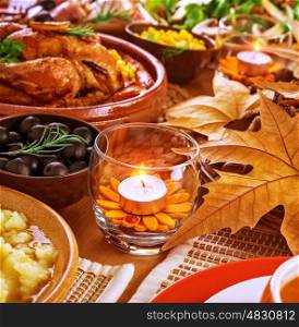 Thanksgiving day menu, traditional oven roasted chicken, different kind of tasty food, beautiful autumn decoration, festive meal concept