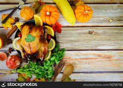 Thanksgiving dinner with turkey vegetable fruit served on holiday thanksgiving table Celebration Traditional Setting Food or Christmas table decorated many different kinds of food, top view copy space