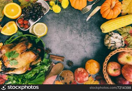 Thanksgiving dinner with turkey vegetable fruit served on holiday thanksgiving table Celebration Traditional Setting Food or Christmas table decorated many different kinds of food top view copy space