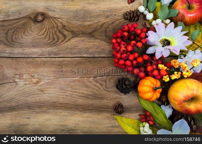 Thanksgiving or fall greeting background with small pumpkins, apples, rowan berries and white flowers on the old wooden table, copy space