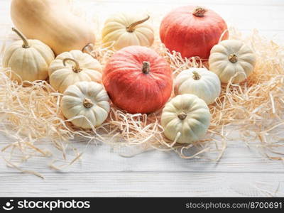 Thanksgiving or harvest flatlay with pumpkins on white wooden  background. Autumn fall concept. Holiday decor.