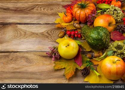 Thanksgiving rustic greeting card background with pumpkin, apple and maple fall leaves, copy space