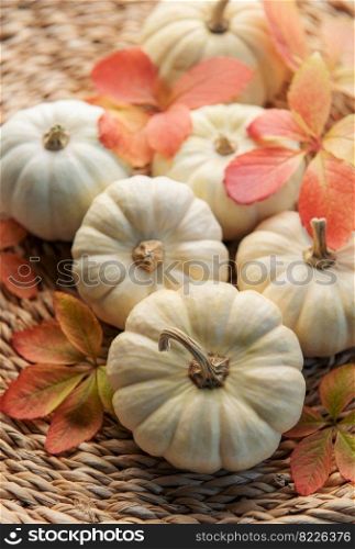 Thanksgiving season still life with small pumpkins and fall leaves over wicker mat  background