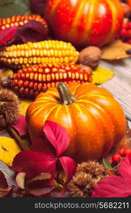 Thanksgiving still life - berries, nuts, corn and pumpkins on a table