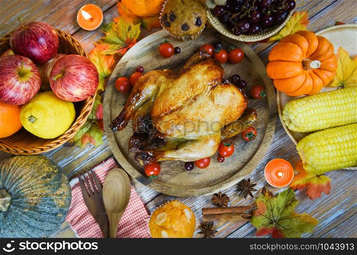 Thanksgiving table Celebration Traditional Setting Food or Christmas table decorated many different kinds of food Thanksgiving dinner with turkey vegetable fruit served on holiday , top view