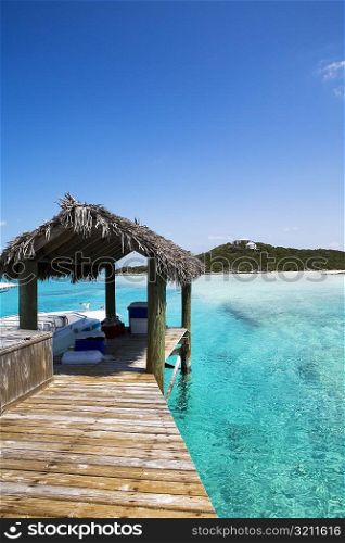 Thatched roof on a pier, Exuma, Bahamas
