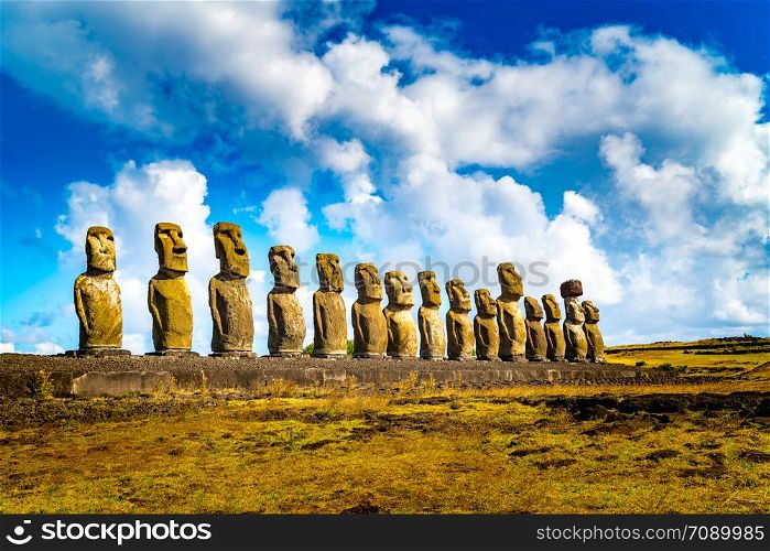 The 15 Moais at Ahu Tongariki in Rapa Nui National Park on Easter Island in Chile