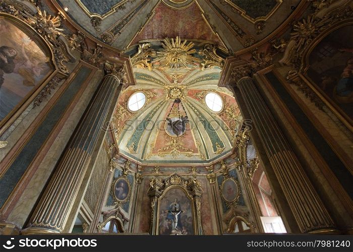 The 18th century Queluz National Palace is one of the last great Rococo buildings to be designed in Europe. In the picture, detail of the ceiling of the chapel?s main altar.