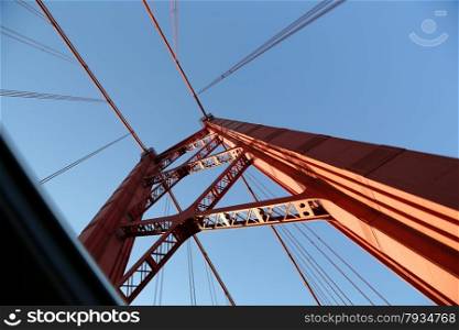 "The "25 de Abril" bridge in Lisbon (Portugal) a copy of the Golden Gate bridge."